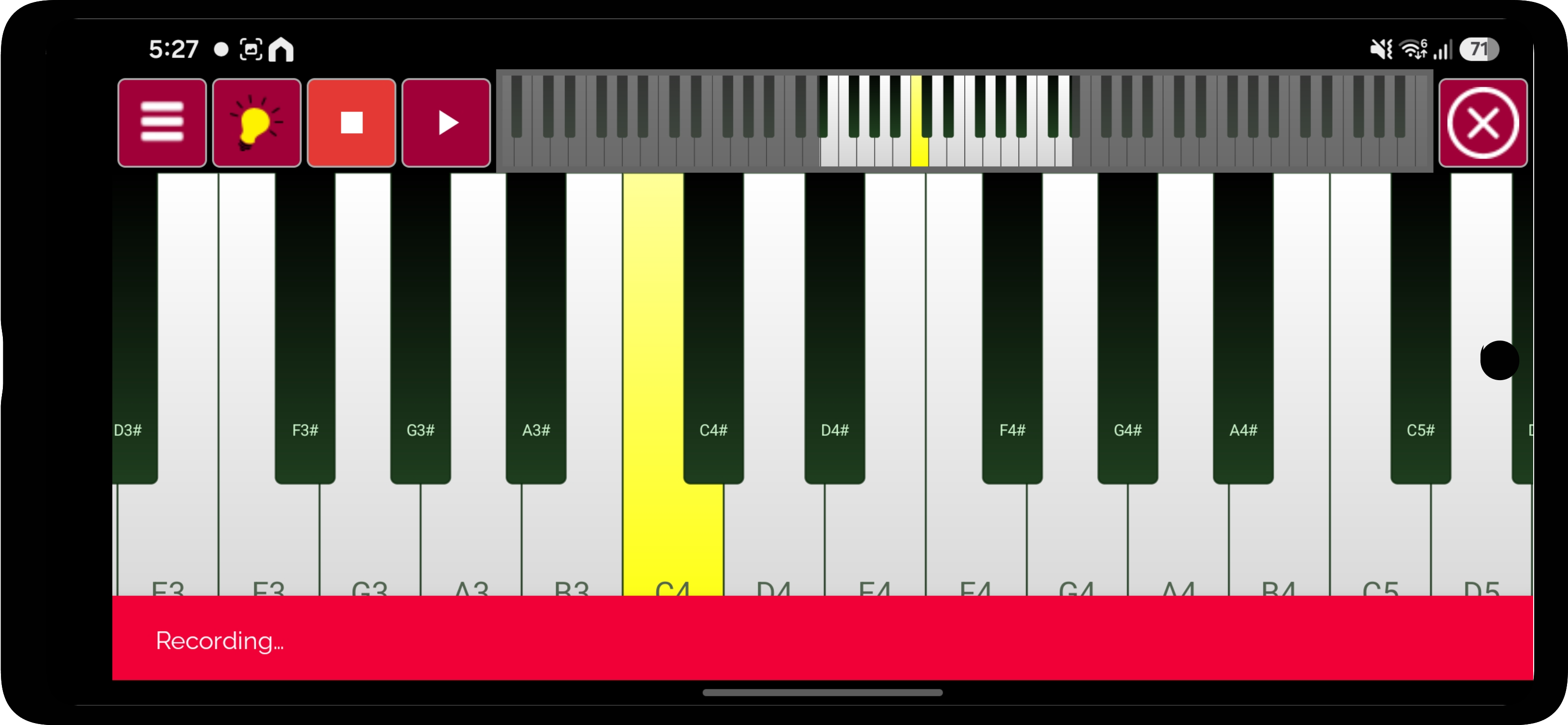 Recording a performance in Real Piano Keyboard, with the recording indicator active