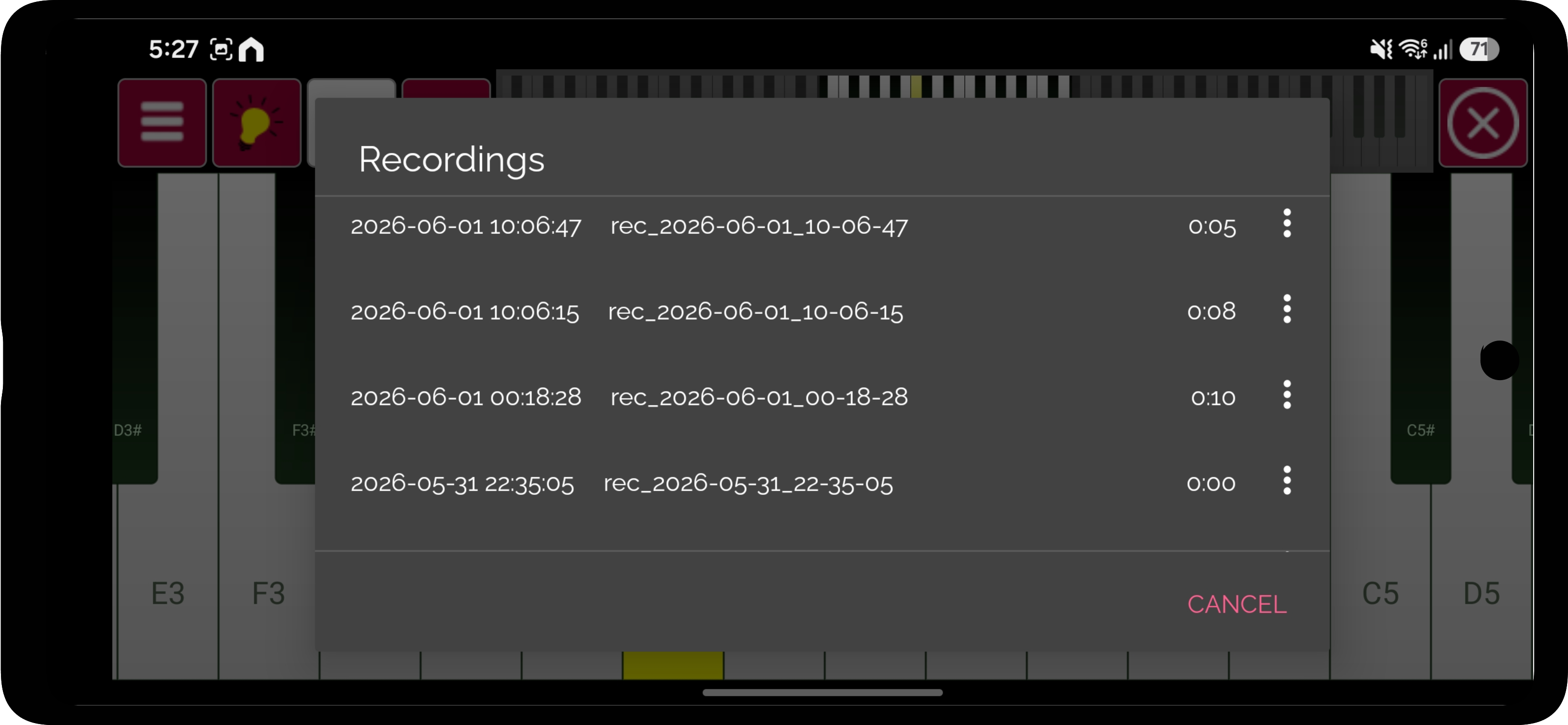 The recordings list in Real Piano Keyboard showing saved takes with dates and durations