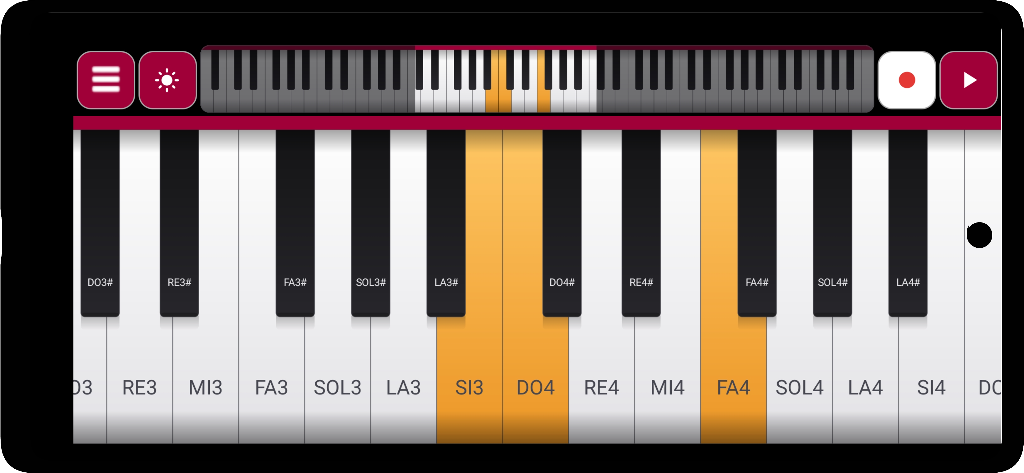 Playing a chord on Real Piano Keyboard — multiple keys pressed at once with multi-touch, labelled with Italian note names