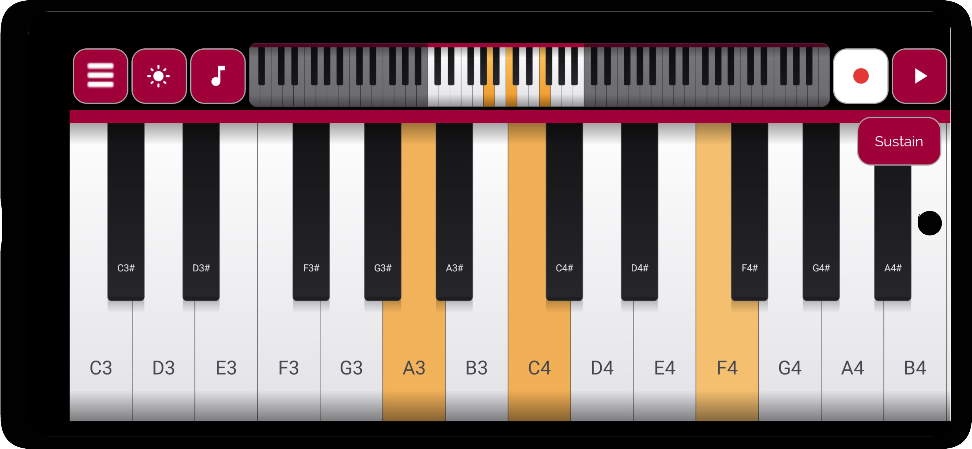 Playing a chord on Real Piano Keyboard — multiple keys pressed at once with multi-touch, tinted by how hard each key was struck