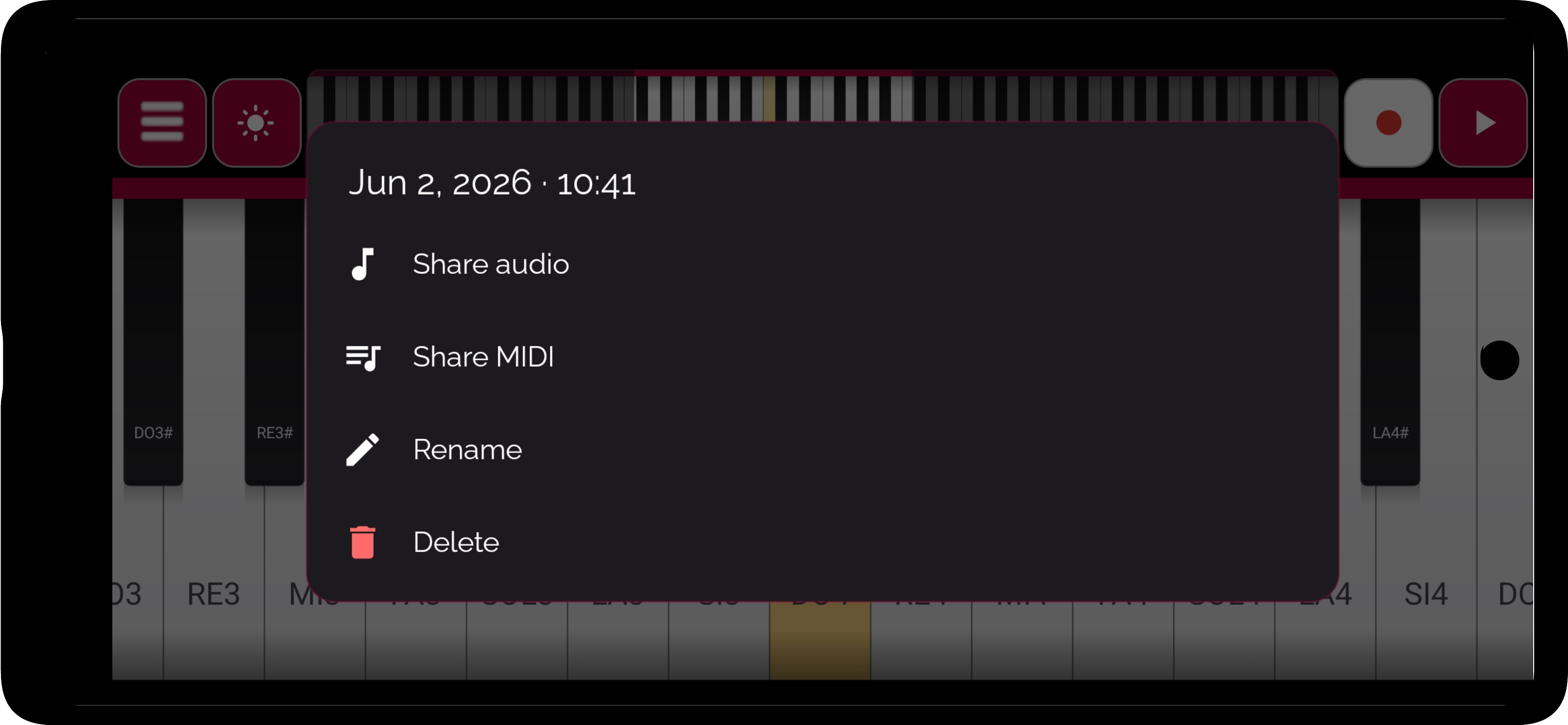 Exporting a Real Piano Keyboard recording — share it as audio or MIDI, or rename and delete