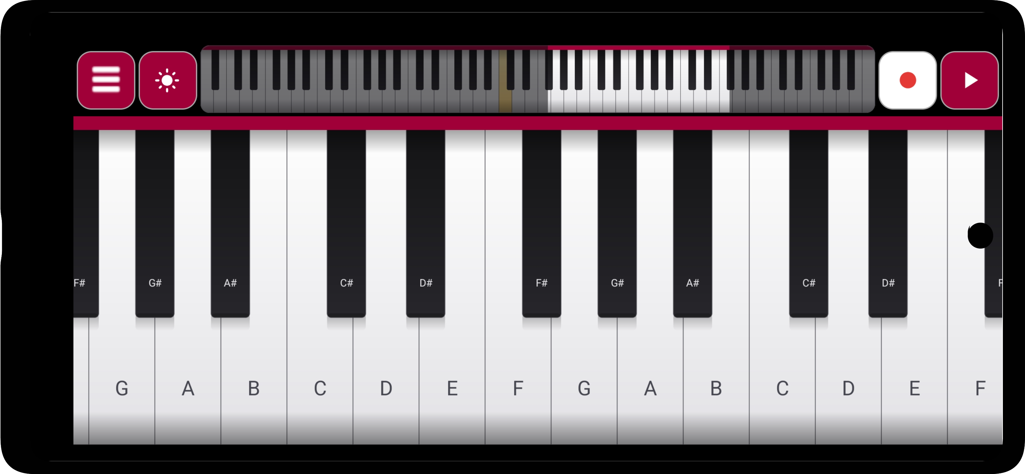 The Real Piano Keyboard 88-key piano with English note labels and the overview strip above for panning