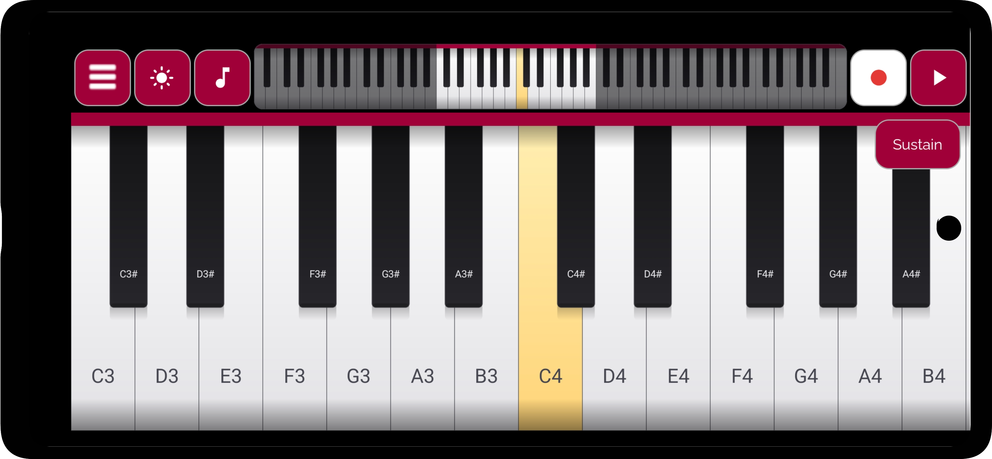 The Real Piano Keyboard 88-key piano with English note labels, the overview strip for panning and the sustain pedal button