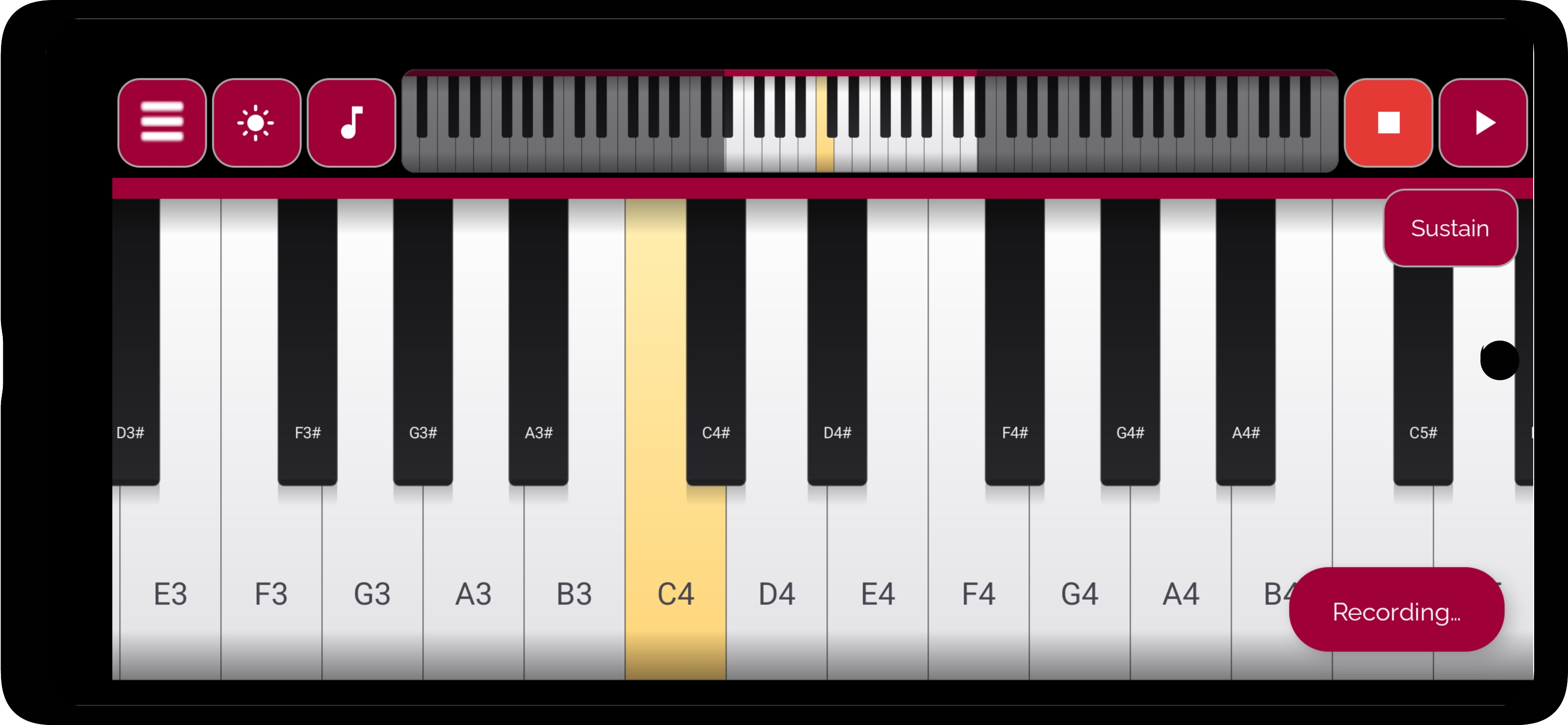 Recording a performance in Real Piano Keyboard, with the stop button and the Recording indicator active