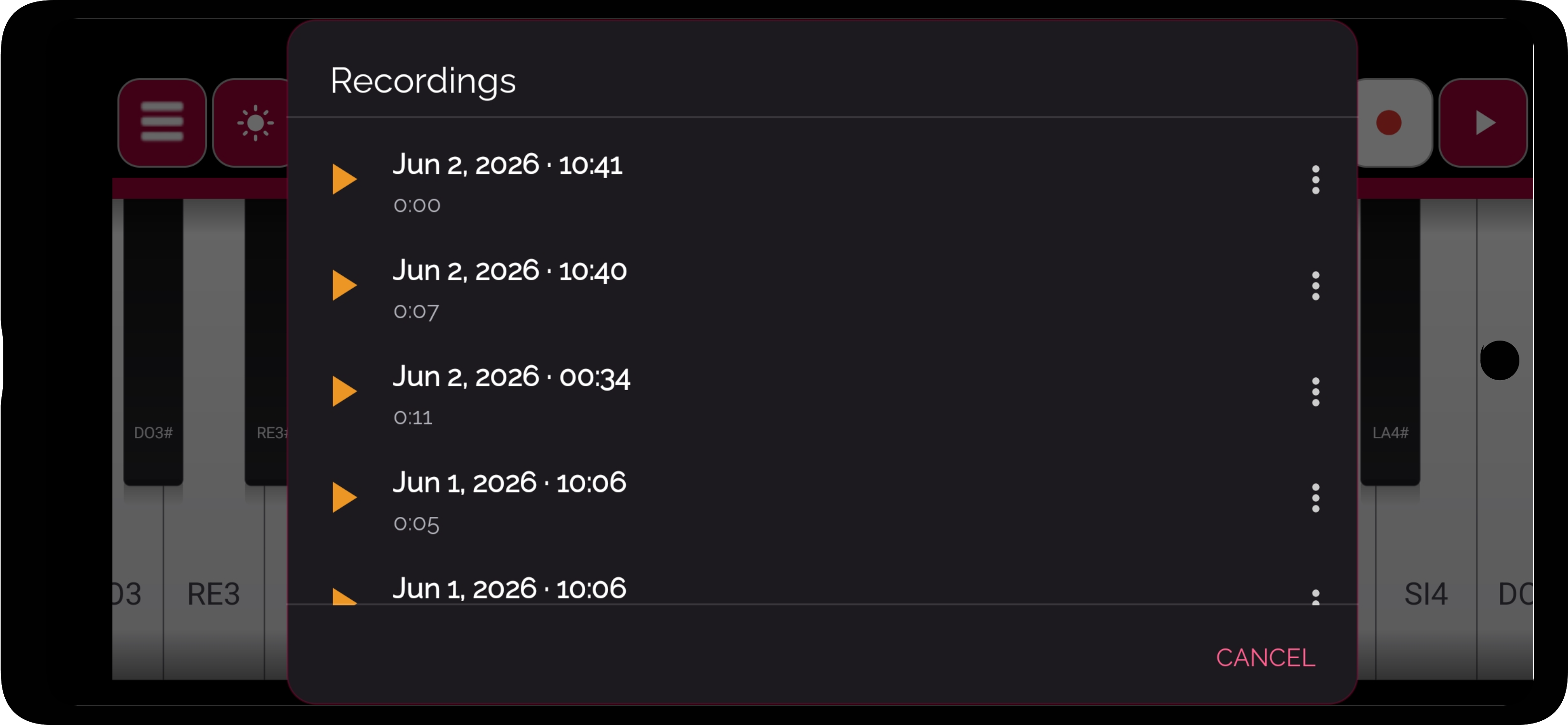 The recordings list in Real Piano Keyboard showing saved takes with their dates and durations, ready to replay