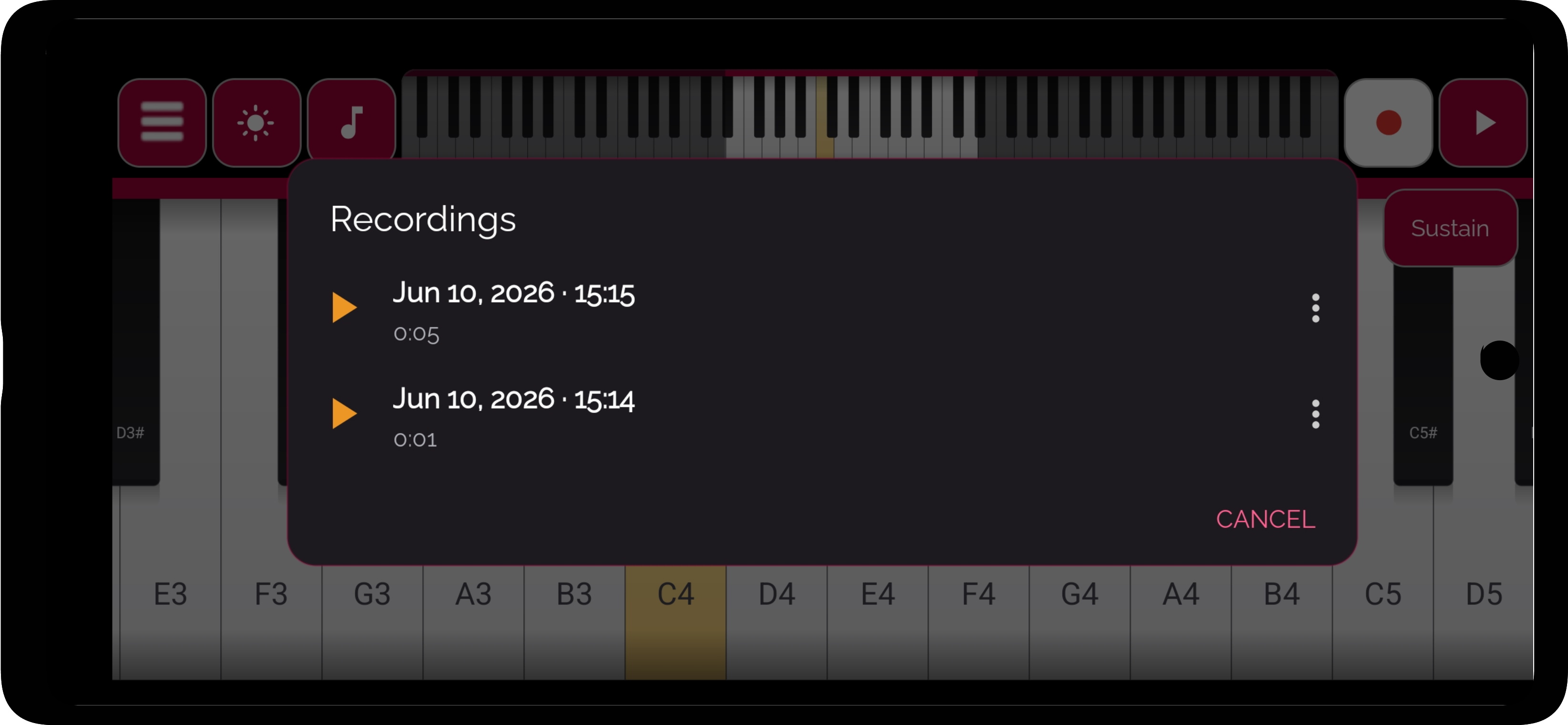 The recordings list in Real Piano Keyboard showing saved takes with their dates and durations, ready to replay