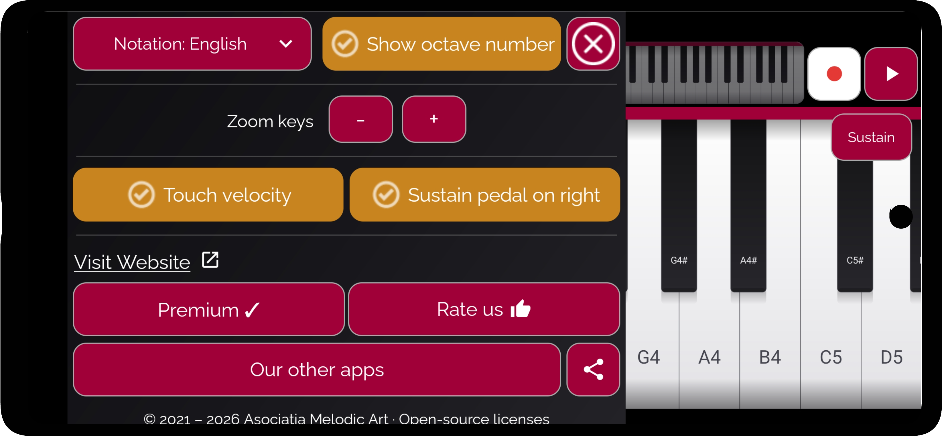 Real Piano Keyboard settings — choose a notation system, toggle octave numbers, touch velocity and the sustain pedal side, and adjust the key zoom